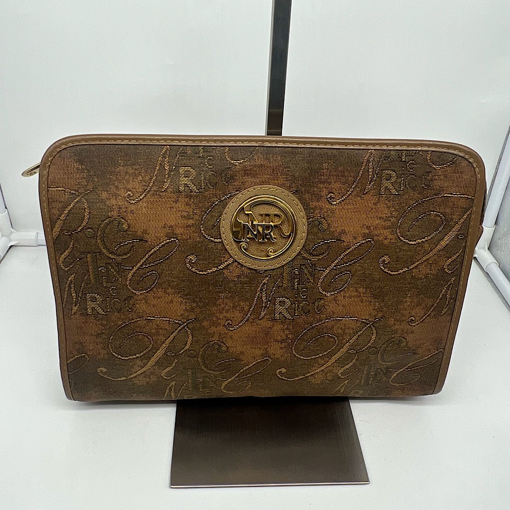 NINA RICCI Vintage Canvas Monogram Logo Brown Leather Trim Clutch Crossbody Bag